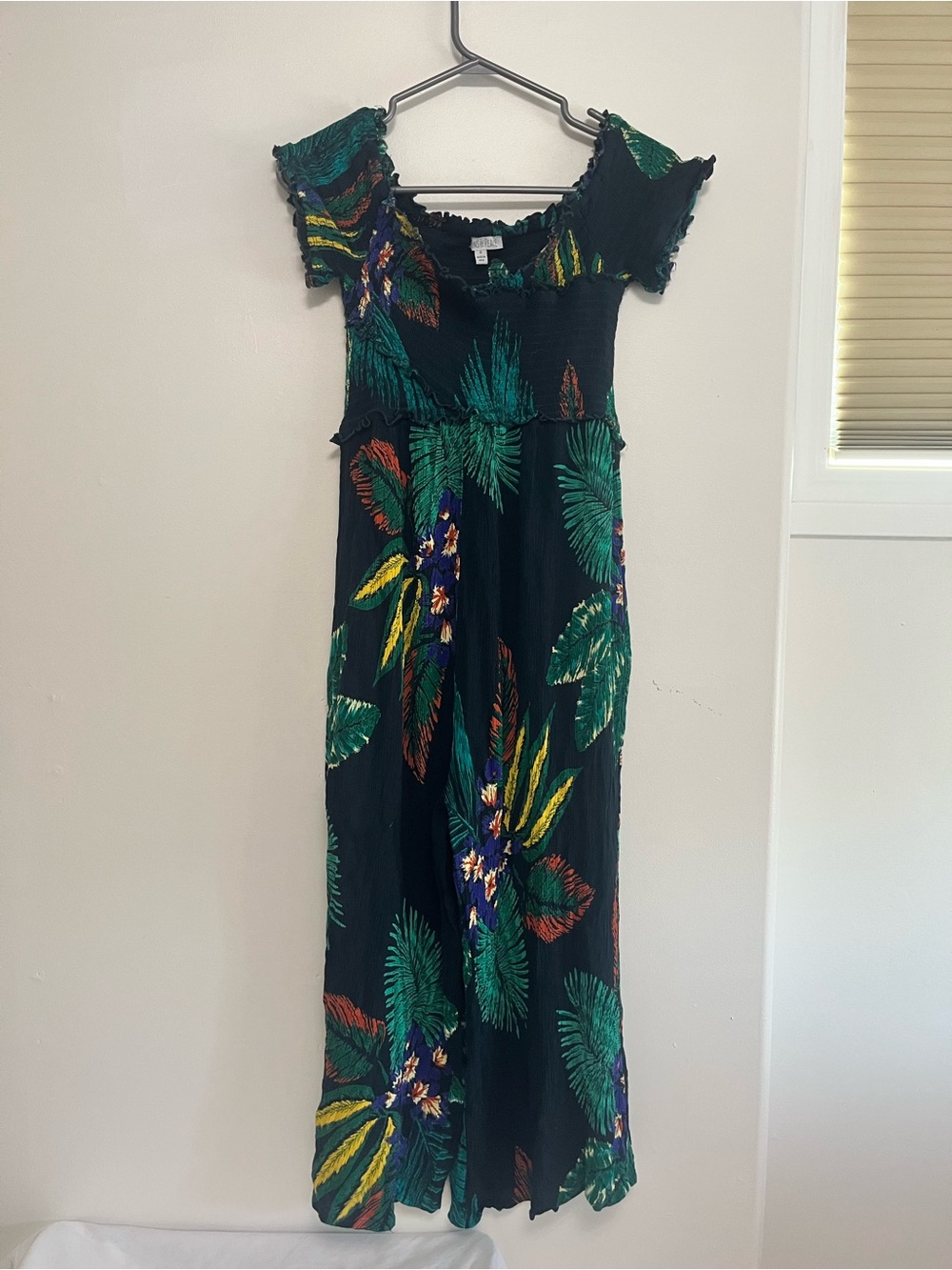 Patrons of Peace Black Tropical Print Jumpsuit with Green & Yellow Accents